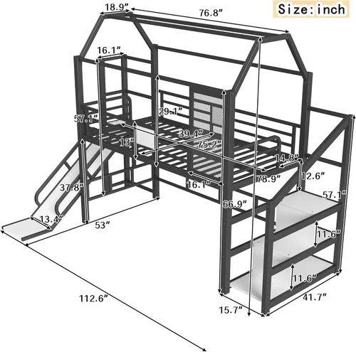 Miniatura 2 de Bellemave Cama Loft de Metal Tipo Casa Tamaño Twin con Tobogán y Escaleras, Marco de Cama Loft Casa de Juegos de Servicio Pesado con Estantes
