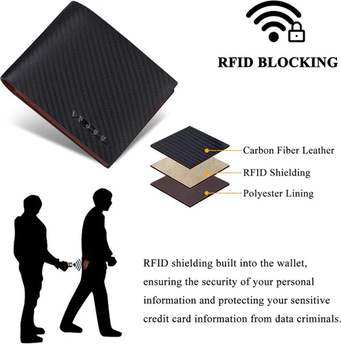 Miniatura 5 de VISOUL Billetera de cuero de fibra de carbono con bloqueo RFID para hombre con 2 ventanas de identificación cartera de cuero para hombre negro