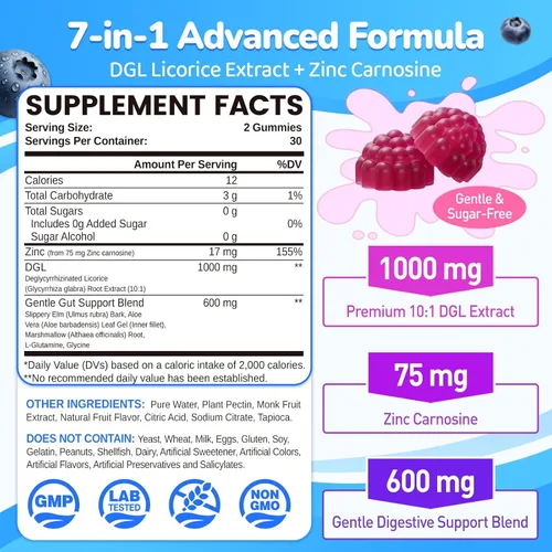 Miniatura 4 de DGL y gomitas de carnosina de zinc, apoyan el malestar estomacal ocasional y la comodidad digestiva, extracto de regaliz deglicirrizinado 10:1