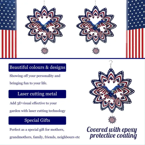 Miniatura 5 de Hilanderos de Águila para Patio y Jardín, Hilandero de Viento Colgante, Atrapadores de Viento 3D de Metal, Hilandero Cinético de Bandera Americana