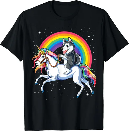 Camiseta de unicornio siberiano Husky para niñas Space Galaxy Rainbow, Negro, S