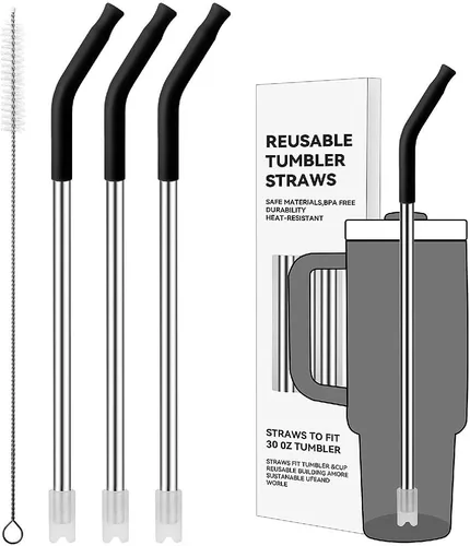 Miniatura 9 de Pajitas de metal rectas para vaso Stanley de 40 onzas, paquete de 3 popotes reutilizables de acero inoxidable con puntas de silicona y cepillo Gris