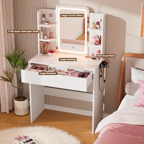 Miniatura 3 de HAIOOU Escritorio pequeño con espejo y luces, escritorio de maquillaje con cajón de almacenamiento, tocador compacto con estante abierto de 3 Blanco