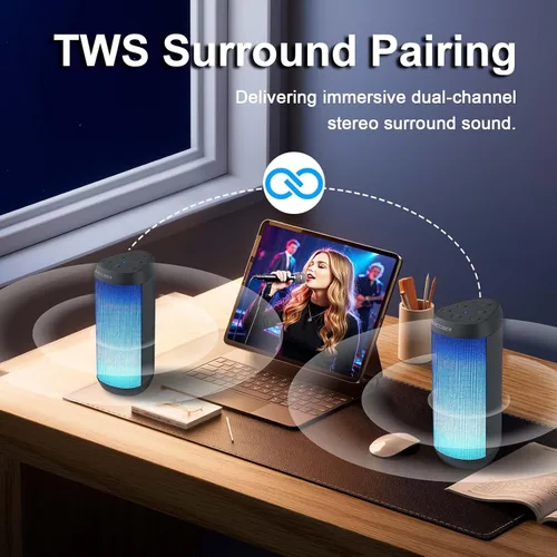 Miniatura 5 de Altavoz Bluetooth portátil, potente sonido estéreo HD, IPX4 impermeable, hasta 36 horas de reproducción, 8 modos de luz LED fría, emparejamiento