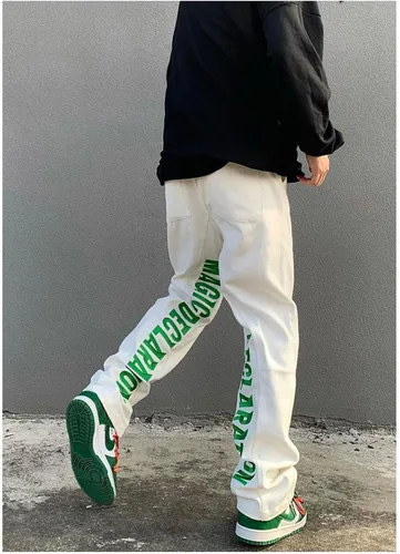 Miniatura 2 de MEOKIM Pantalones de mezclilla bordados con letras góticas, estilo callejero Harajuku, sueltos, hip-hop, recto, tubo para hombre