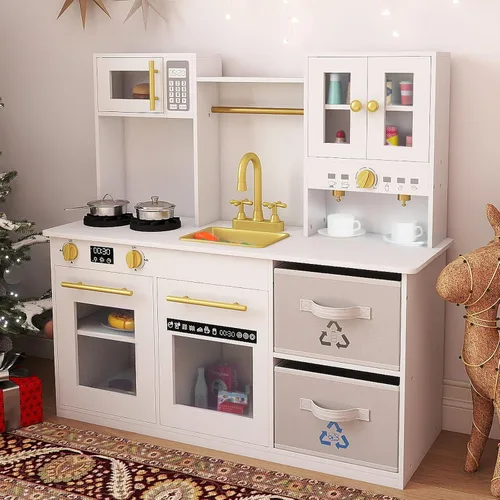 Miniatura 9 de INFANS Juego de cocina para niños, cocina de madera con luces realistas, sonidos, cafetera, lavavajillas, microondas, horno, cajones de tela Blanco
