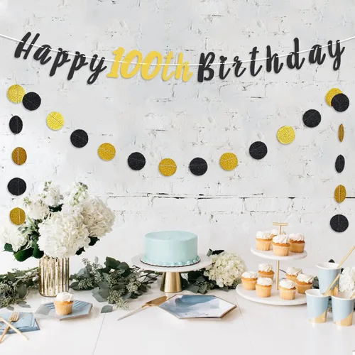 Miniatura 5 de Juego de decoración de cumpleaños número 100 – Cartel de feliz cumpleaños número 100 con puntos circulares de purpurina negra y dorada que saluda a