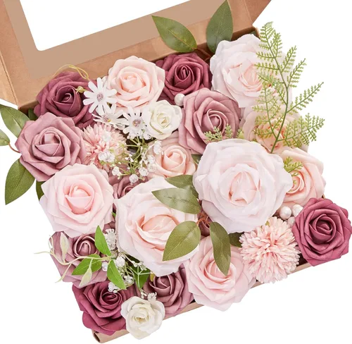 Miniatura 30 de Serwalin 2 Piezas Flores Artificiales Blancas Rosas Falsas Flores de Espuma de Seda Juego de Caja para Manualidades DIY Ramos de Pastel de Boda Un