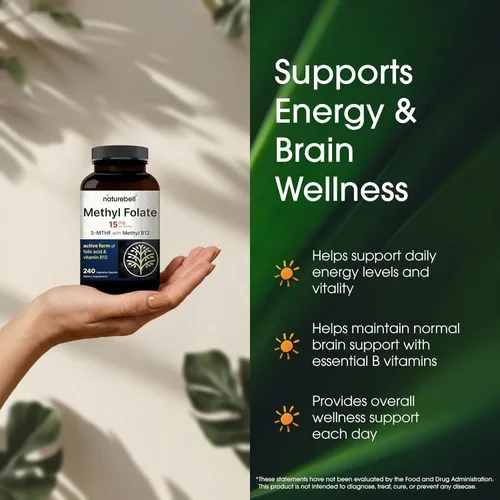 Miniatura 4 de NatureBell L Metilfolato 15 mg (5-MTHF) con metil B12 1000mcg, 180 cápsulas vegetarianas Acción dual de alta potencia para apoyo energético