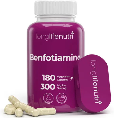 Benfotiamina ultra potente de 300 mg por cápsula, 180 cápsulas vegetales – Vitamina B1 mejorada para un apoyo óptimo de nervios y circulación –