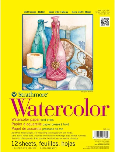 Strathmore Bloc de papel de acuarela serie 300, encuadernado con cinta, 11 x 15 pulgadas, 12 hojas (140 libras/300g), papel de artista para adultos