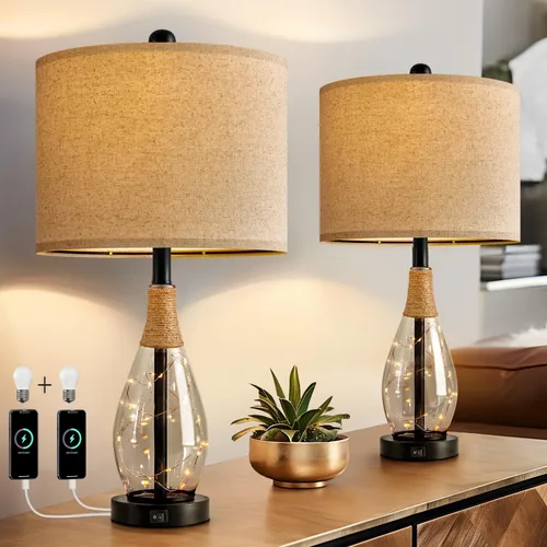 Miniatura 18 de OYEARS Juego de 2 lámparas de mesita de noche con USB, modernas lámparas de noche retro de cristal de ratán para dormitorio, sala de estar