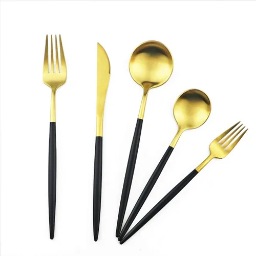 Miniatura 10 de Juego de cubiertos en oro negro de acero inoxidable 18/10, con mango negro mate, incluye tenedores, cucharas y cuchillos (10 piezas), platería