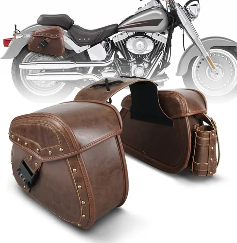 NICECNC Alforjas para Sillín, Alforjas de Motocicleta de Cuero PU, Correas Reforzadas y Pieza de Sillín, con Portavasos y Cerradura, Alforjas Marrón