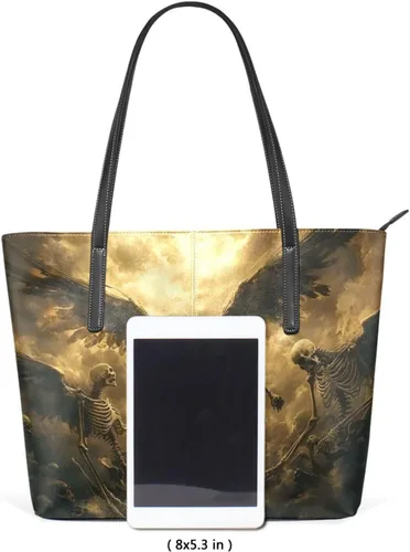 Miniatura 5 de Bolso de mano grande con diseño de ángel de esqueleto gótico para mujer, piel sintética, asa superior, bolsa de hombro impermeable con cremallera