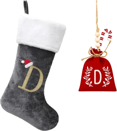 Miniatura 151 de Calcetines de Navidad bordados de 20 pulgadas con monograma, terciopelo negro con puño de felpa blanca supersuave, adornos clásicos para decoración