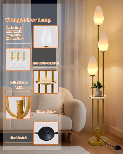 Miniatura 4 de Lámpara de pie dorada con bandeja, lámparas de pie regulables de 3 luces con pantalla en forma de roca, estilo portavelas único, lámpara de pie alta