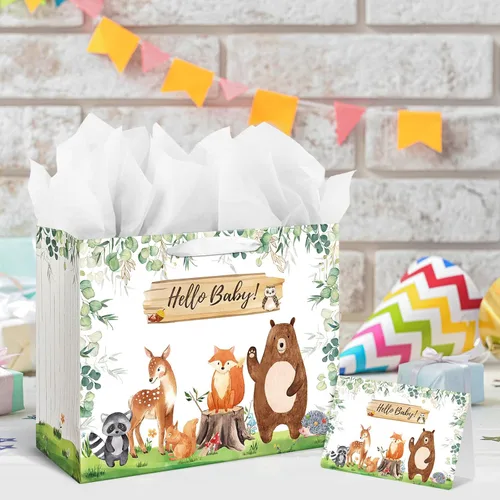 Miniatura 5 de Laidans Bolsa de regalo grande de 13 pulgadas para baby shower o cumpleaños con asa, papel de seda y tarjeta de felicitación