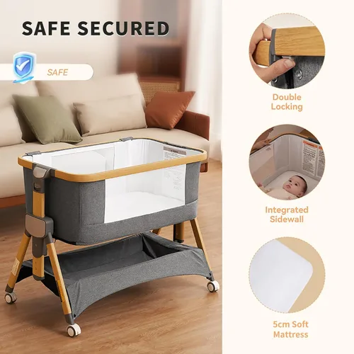 Miniatura 4 de babyboat Moisés de cabecera para bebé 3 en 1, plegable, portátil, con cesta de almacenamiento, ruedas movibles, 5 alturas ajustables para bebé Gris