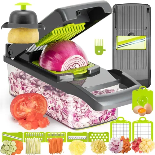 Miniatura 8 de KEOUKE Cortador de verduras de mandolina pro - Cortador de alimentos con 16 cuchillas intercambiables con recipiente, protector manual y escurridor