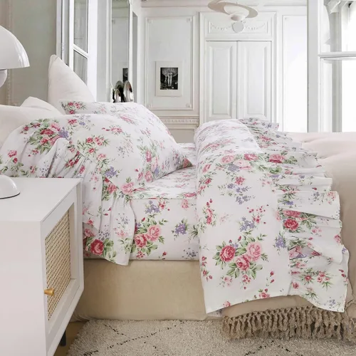 Miniatura 10 de QSH Juego de sábanas de algodón 100% Queen, sábanas con volantes de trigo para granja, ropa de cama vintage chic shabby 3 piezas, juego de cama