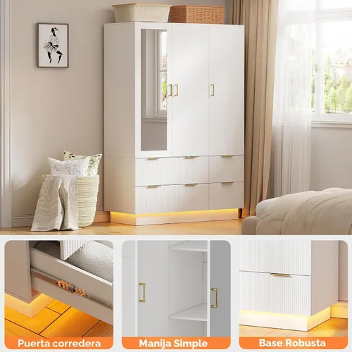 Miniatura 7 de PAKASEPT Armario de 3 puertas, armario de dormitorio con espejo y luces LED, barra para colgar, cajones, armario de almacenamiento de gran capacidad