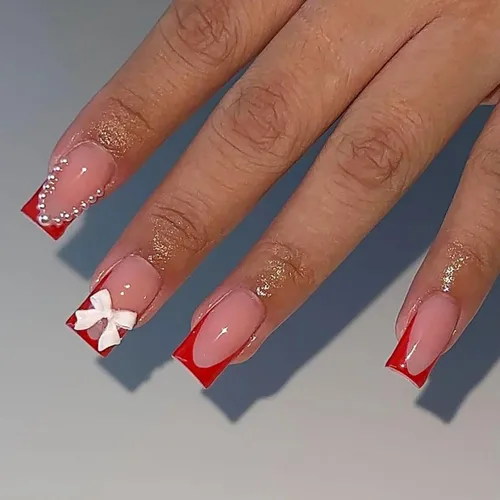 Lindas uñas a presión de tamaño mediano - Uñas falsas cuadradas con punta francesa, uñas acrílicas rojas de cobertura completa brillantes con