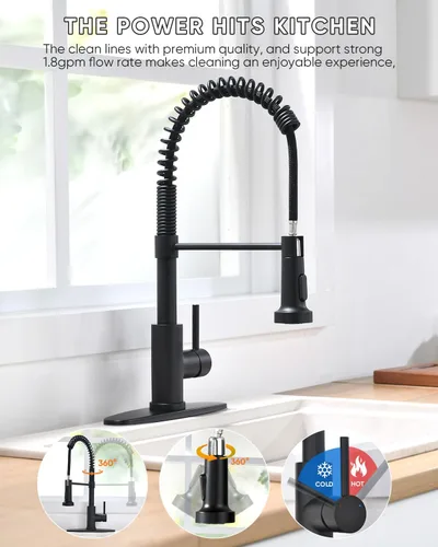 Miniatura 6 de Grifo de cocina negro con rociador extraíble de acero inoxidable de una sola manija, grifos de fregadero de resorte de 1 agujero o 3 agujeros