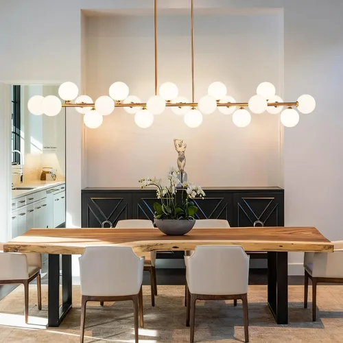 Miniatura 11 de Candelabro lineal negro Sputnik de 70 pulgadas, lámpara de comedor con 22 luces, globo de vidrio, lámpara lineal ahumada para granja, sala de estar