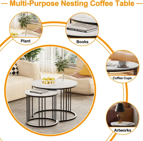Miniatura 6 de Garden 4 you Mesa de Centro de Mármol Sintético Mesa Nido para Espacios Pequeños 2 Juegos Muebles Modernos Juegos de Sala Mesa Auxiliar Lateral Negro