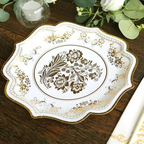 Efavormart - Paquete de 25 platos llanos de papel francés de 10 pulgadas, color blanco y dorado, 300 GSM, resistentes con borde festoneado para