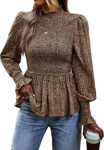 PRETTYGARDEN Blusa casual de manga larga con cuello redondo y estampado floral, dobladillo fruncido con volantes, blusa tipo babydoll delgada
