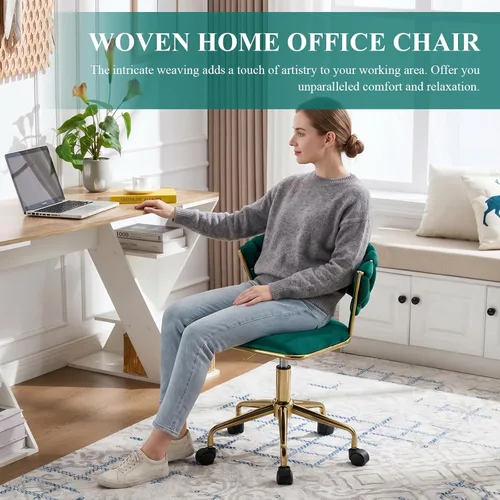 Miniatura 3 de NIOIIKIT Silla de oficina en casa, silla tapizada de terciopelo con respaldo abierto tejido, silla de escritorio giratoria de 360° con ruedas, silla
