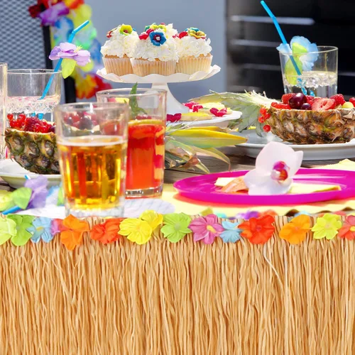 Miniatura 8 de GiftExpress Falda de mesa de hierba Luau de 9 pies x 29.5 pulgadas, falda de fiesta temática hawaiana con decoración de flores de hibisco, telón