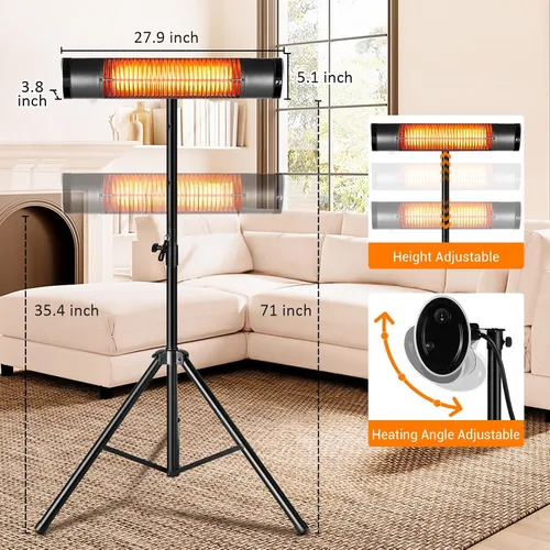 Miniatura 4 de Calentador eléctrico para exteriores, calentadores infrarrojos de carbono de 1500 W con control remoto, calentador radiante montado en trípode con 3