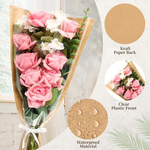 Miniatura 3 de Mauproy Paquete de 50 bolsas de flores para ramos de flores, papel de regalo de flores, fundas de papel kraft con cintas para graduación