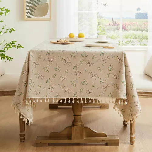 Softalker Mantel rectangular bohemio de lino y algodón con borlas, mantel resistente con flores, mantel decorativo floral para cocina y comedor (55