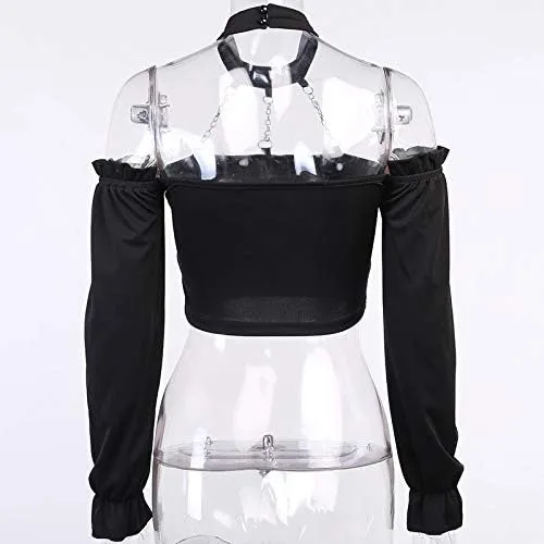 Miniatura 6 de Dark Punk Crop Top con Cadenas Mujer Punk Off Hombro Hueco Sólido Sin Espalda Tops