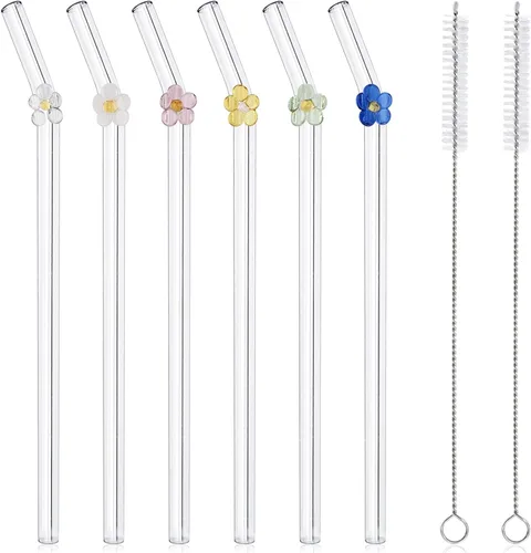Miniatura 8 de 6 popotes de vidrio Boba reutilizables, 8.3 pulgadas x 0.394 in de ancho con dijes de flores, pajitas de té de burbujas reutilizables, aptas