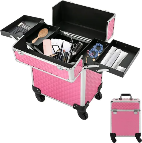 Miniatura 14 de Estuche de maquillaje con ruedas para cosméticos, carrito grande para cosméticos con cerraduras, organizador de almacenamiento de cosméticos, Negro