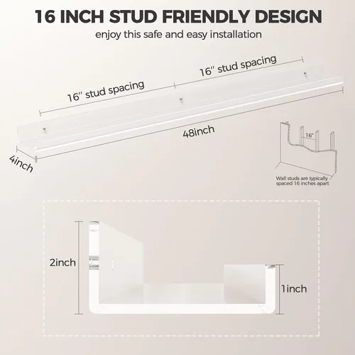 Miniatura 3 de HBlife Estantería flotante de pared invisible de 48 pulgadas para niños y guardería, estantes de acrílico transparente para figuras, 16 pulgadas