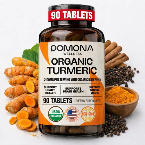 Pomona Wellness Suplemento orgánico de cúrcuma de 2100 mg, USDA orgánico, sin OMG, vegano, curcumina de cúrcuma con pimienta negra para absorción,