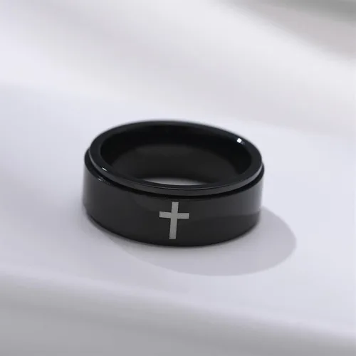 Miniatura 8 de Ropartman Anillo giratorio de acero inoxidable para hombres, anillos plateados y negros para la ansiedad, anillo de cruz de oración para aliviar
