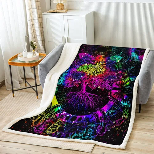 Miniatura 37 de Erosebridal Manta de árbol de la vida, sol y luna para sofá cama, manta de forro polar gótico de polilla trippy, manta de sherpa cósmica
