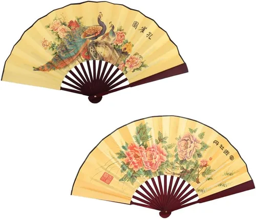 Miniatura 10 de Fox Baby Abanico de mano plegable, 13 pulgadas de tela de bambú grandes ventiladores de mano con pintura tradicional china para decoraciones