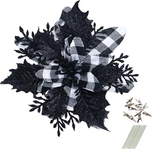 Miniatura 11 de GREENTIME 12 flores de pascua artificiales con purpurina de 5.5 pulgadas, tallos de Navidad, adornos para árbol de Navidad para fiesta de Año Nuevo