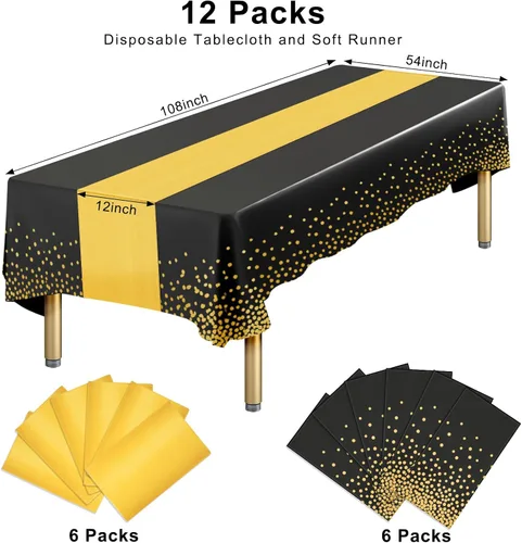 Miniatura 2 de Paquete de 12 manteles rectangulares de plástico negro desechables y satinados, mantel rectangular negro y dorado para cumpleaños, aniversario