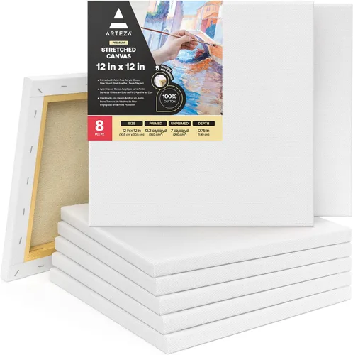 Miniatura 10 de ARTEZA Lienzo estirado, 8 x 8 pulgadas, paquete de 12, lienzo cuadrado blanco en blanco para pintura para pinturas acrílicas, al óleo y gouache