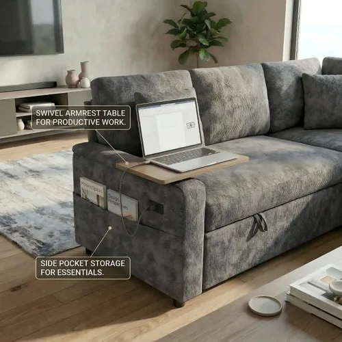 Miniatura 6 de Sofá modular de 81 pulgadas, sofá cama de 5 plazas en forma de L con cama extraíble, almacenamiento oculto, portavasos y puertos de carga USB, sofás