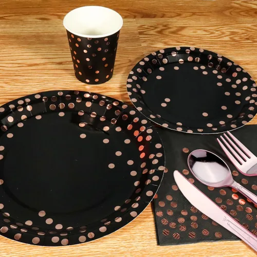 Miniatura 4 de Juego de vajilla desechable dorada de 176 piezas y vajilla desechable de punto dorado para fiesta, platos de papel negro, servilletas, vasos